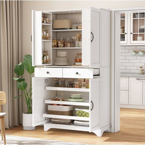 Hochschrank 77/40/181 cm Weiß aus MDF mit verstellbaren Regalböden und Schubladen, praktisch und vielseitig (1/5)