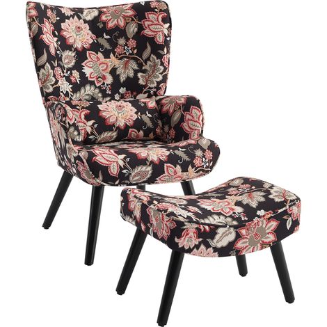 Fauteuil HomeMiYN avec Coussin et Pouf–Canapé d'angle pour Salon–Design Noir et Fleurs Rouges (1/5)