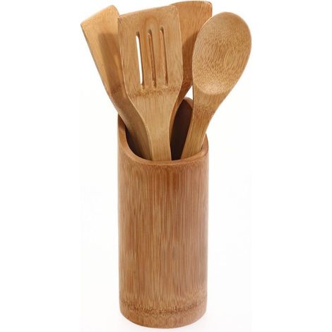 Ensemble 5 pièces Ustensiles cuisine Bambou, Cuillère Spatules, Pot rangement, Usage quotidien (1/5)