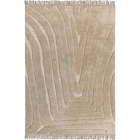 Tapis en Polyester Beige 160 x 230 cm Motif à Rayures et Franges Style Moderne Sazoo