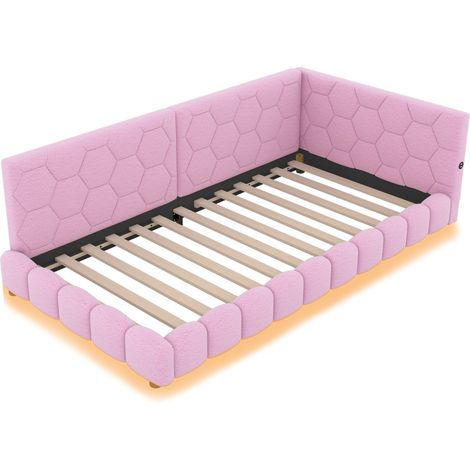 Cama de día 90 x 200 cm con somier, luz ambiental de 16 colores, puertos USB y Type-C, rosa (1/5)