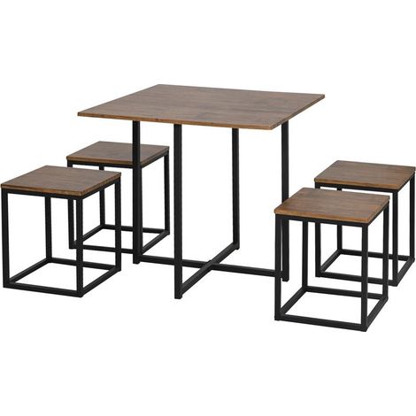SET 5 PEZZI TAVOLO BAR CON SGABELLI IN STILE INDUSTRIALE PER CUCINA. CASA O RISTORANTE. NERO E COLOR LEGNO (1/5)