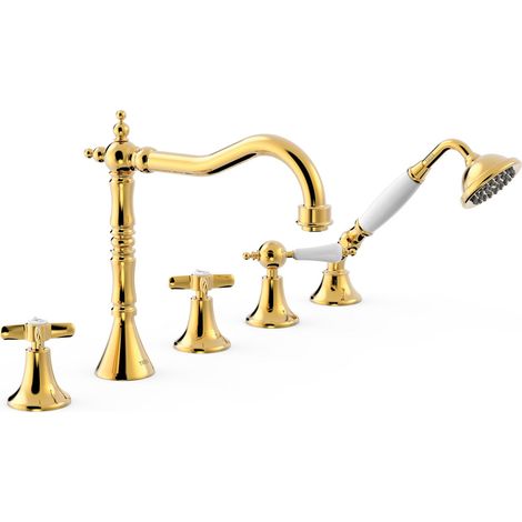 TRES 24214601OR TRES CLASIC Grifo Bimando para Borde De Bañera Color Oro 24K - ref: 24214601OR