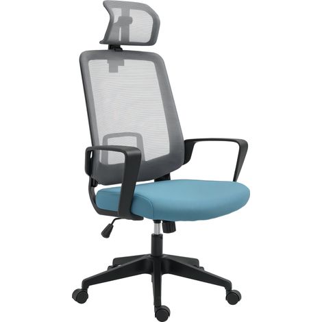 Sedia da ufficio ergonomica girevole con altezza regolabile, supporto lombare, braccioli e poggiatesta regolabili, tessuto a rete traspirante, dimensioni 63,5x63x116,5 - 125,5 cm, colore blu e grigio.