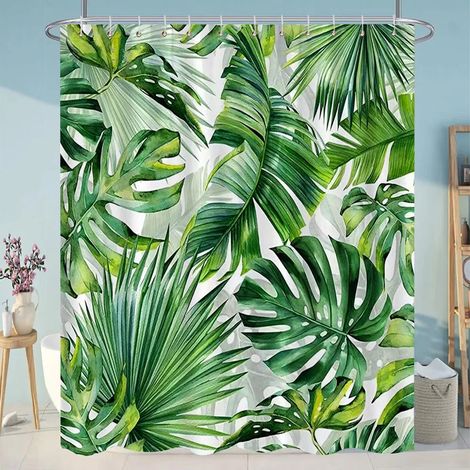 Filiyano-Rideaux de douche inodores, motif de feuilles vertes tropicales sur fond blanc, pour douches et baignoires, avec crochets, 120 x 180 cm (47 x