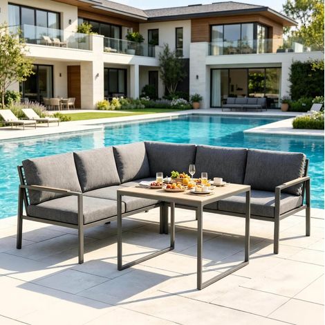 Set da giardino a L 183x183x72 cm in metallo grigio scuro con tavolo, 5 posti – MEUBLIV (1/5)