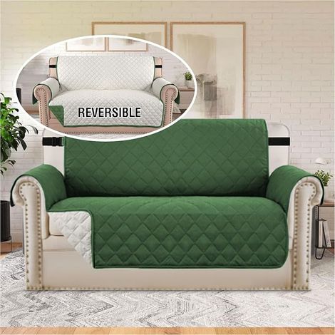 Housse de canapé 2 places réversible, anti-tache pour canapé à 2 coussins - Housse de canapé anti-tache pour animaux, protecteur anti-glissant avec sangle élastique pour animaux (Canapé 2 places, vert (1/4)