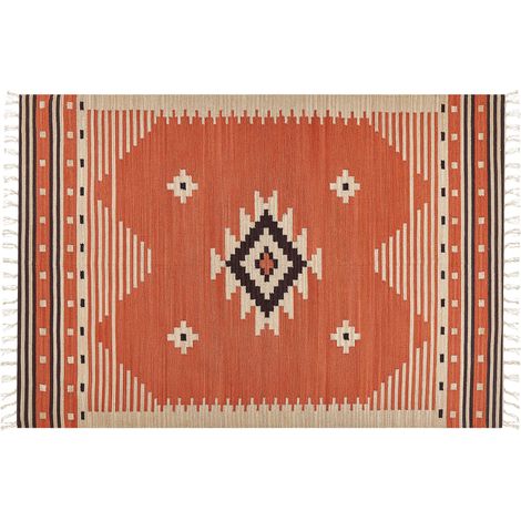 Alfombra kilim de algodón naranja beige marrón 140 x 200 cm geométrico borlas Gavar (1/5)