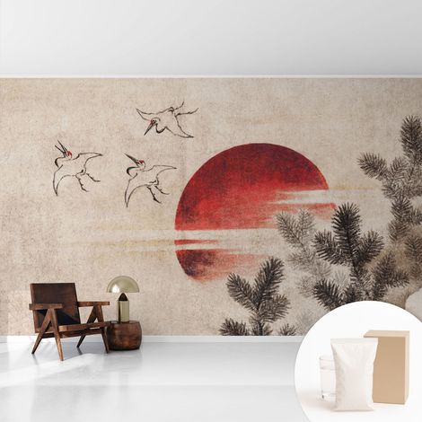 Papier peint intissé classique moderne pour salon et chambre à coucher Décoration rapide avec colle Lever de soleil dans la forêt 416x254 cm (1/5)