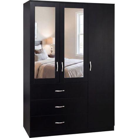 Riano 3 Door 3 Drawer Mirrored Wardrobe with Hanging Rail and Storage Shelves in Black