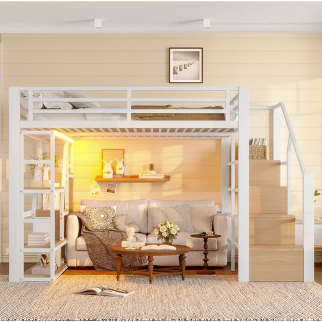 DESVIAE Lit mezzanine 140 x 200 cm en métal et MDF avec étagères intégrées, escalier de rangement, LED multicolore et garde corps blanc (1/5)