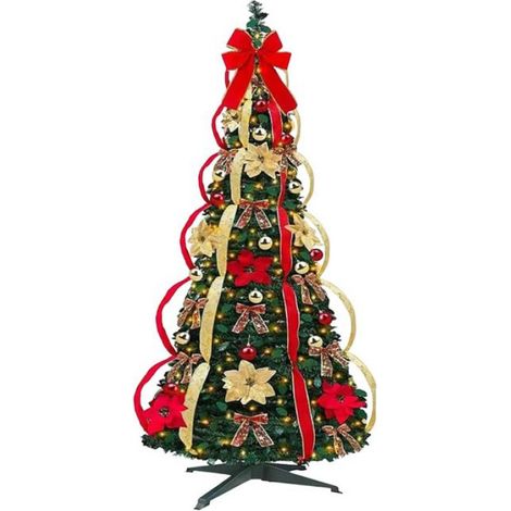 Arbre de Noël Pliable de 4 Pieds, Arbre de Noël Entièrement Décoré Avec Lumières, Ruban et Nœud Pour Décorations de Fête de Noël