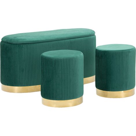 Sitzbank Soroti mit zwei Hockern, Truhenbank, Gestell Metall, Sitzfarbe Grün, 80x37x42h cm Grün