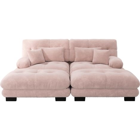 Divano dritto, divano da 2 posti con 4 cuscini, 2 poggiapiedi, in tessuto felpa (chenille), rosa (1/5)