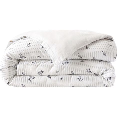 Housse de couette 200x200cm gaze de coton blanc fleurs marine - ALIENOR (1/4)