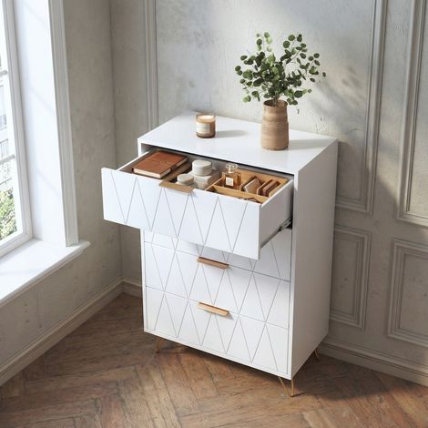 Cassettiera per camera da letto in legno 60x34x90 cm, 4 cassetti, mobile contenitore, sistema anti-ribaltamento, gambe in metallo, stile moderno leggero e lussuoso, bianco