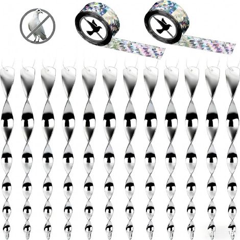 2 Ruban Répulsif Oiseaux Reflechissant 80mx2.5cm+12pcs Spirale Réfléchissante, 360 Degrés Double Face Effaroucheur Oiseaux Réfléchissant pour Maison Jardin Balcon Verger