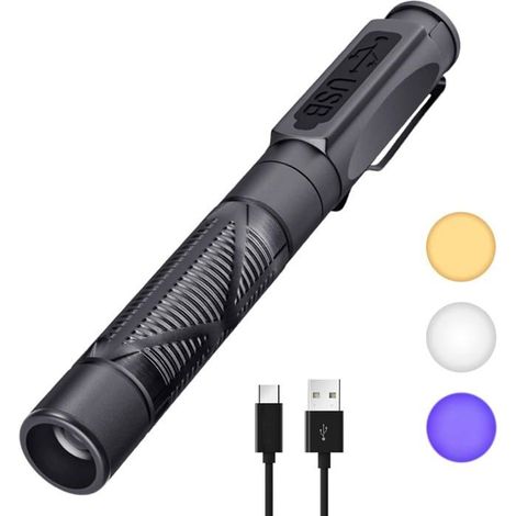 (Noir)Lampe torche stylo médicale,rechargeable par USB,lampe stylo de diagnostic 3 couleurs,lampe stylo LED portable avec clip de poche (1/5)
