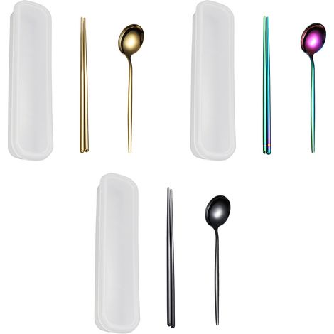3 paires de baguettes et 3 cuillères, accessoires de couverts réutilisables, manche long, acier inoxydable, avec étuis de transport (1/5)