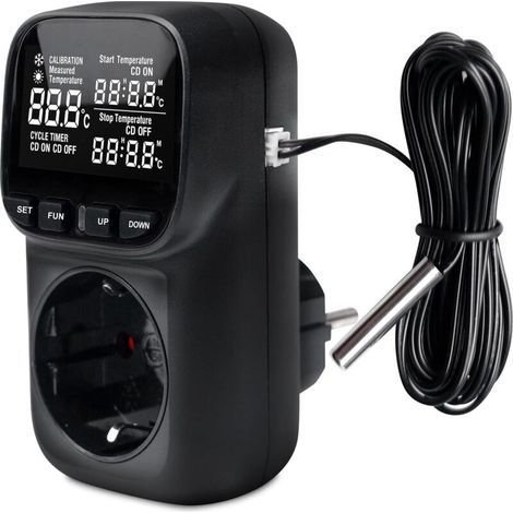 Digitaler Temperaturregler mit Thermostatfühler, Stecker und Display. Digitale Temperaturregelung. Steckdose. Gewächshaus. Für den Innenbereich. Schwarz-Weiß-Display.