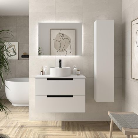 Mueble de Baño LENI 80cm Blanco Mate 2 cajones Lavabo sobre encimera 1 poza Porcelana (1/5)