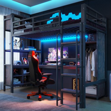 Letto a soppalco con scrivania (90 x 200 cm), armadio, vani portaoggetti, illuminazione a LED, prese elettriche standard europee e sponda di sicurezza alta, stile gaming, nero (1/4)