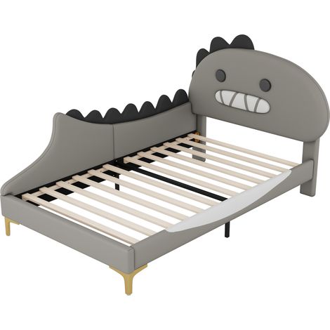 Cama infantil 90 x 200 cm de PU y MDF, motivo de dinosaurio gris (1/5)