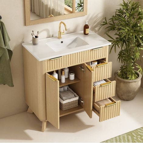 Meuble sous-vasque 81 cm avec 3 tiroirs, portes doubles et vasque céramique - bois naturel (1/5)