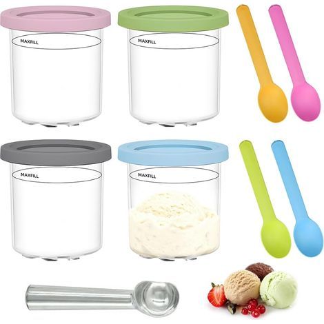 4 PCS Pot Glace pour Ninja Creamy 450 ML,Récipient à Glace avec Couvercle, Cuillère à Glace et 4 Cuillères en Plastique,Coupe de Glace pour Machine à Glace Ninja NC299AMZ, C300s - 4 Couleurs (1/5)