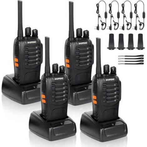 BUNTHAUS 4 x talkies-walkies radio à deux canaux 400-470 MHz talkies-walkies avec écouteurs d'origine émetteur FM radio portable rechargeable 16 canaux noir (1/4)