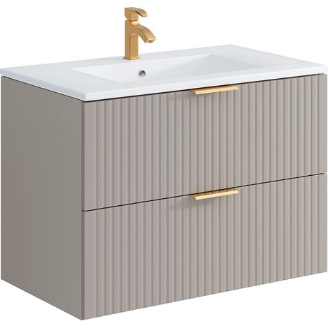 Vente-Unique – Meuble sous vasque suspendu strié 80 cm – Mdf beige – 2 tiroirs soft close – Vasque à encastrer céramique blanc poli