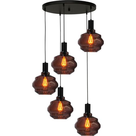 Suspension loft 5 lumières - noire - Porto avec verres Ball rouges - Ø 24cm - 2712-05-05-50-5-1