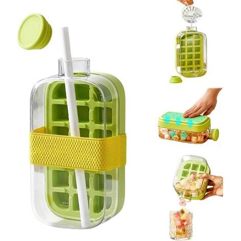 2-in-1-Eisflasche mit Saugnapf, grün - 800 ml berührungsloser Eiswürfelbereiter und Wasserflasche, geeignet für Kaffee, Säfte und Getränke, gibt Eiswürfel mühelos frei. (1/5)