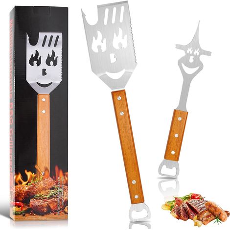Ustensiles Barbecue Set, Multifonctionnelles et Fourchette Spatule 7 en 1, Manche Acier Inoxydable Bois avec Décapsuleur, Idéal pour Le Camping, Cadeau Parfait Hommes - (1/5)