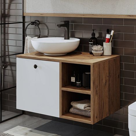 Lotus Vanity Unit 75 cm with Over Counter Wash Basin / Bowl, Oak Effect and White (1/4)
