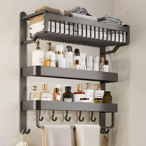 Gun Grey Three-Tier Punch-Free Bathroom Storage Rack 57cm W x 21.5cm D x 62cm H