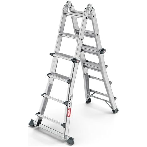 Hailo Master M100 - Escalera de aluminio multifunción (4 x 4 peldaños, se puede utilizar como escalera de apoyo, deslizante y de pie, peldaños en el área de trabajo para un soporte seguro, soporta