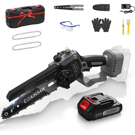 Mini Tronconneuse a Batterie 2000mAh, 6Pouces 1000W Tronconneuse Electrique Sans Fil Brushless avec Graisseur Automatique, Tension de Chaîne Sans Outil, 2 Chaînes, Petite Tronçonneuse Pour Jardin (1/5)
