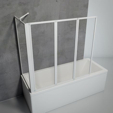 Pare-baignoire d'angle pliant, sans percer, paroi - écran de baignoire Schulte, pivotant à coller, verre 3 mm transparent, 3 volets pliants + 1 paroi latérale, profilé blanc, 127 x 75 x 120 cm