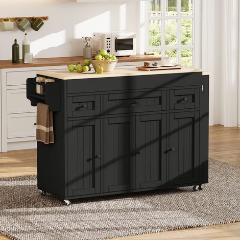 Isola da cucina 137-190.6x45.2x92 cm, piano di lavoro estensibile, 3 cassetti, vano per spezie, MDF, nero naturale (1/5)