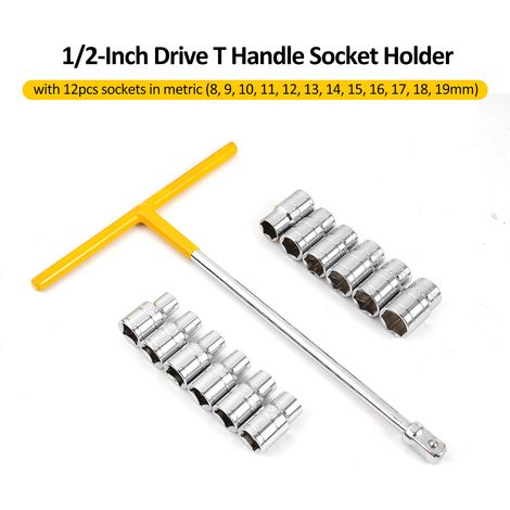 Kit de 13 clés à douille comprenant 1 tournevis à poignée en T et 12 douilles, outils mécaniques pour la réparation automobile et la maison, jeu métrique avec poignée en T 1/2" (1/5)