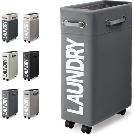45L Slim Foldable Laundry Basket with 4 Wheels, Slim and Folding Laundry Hamper, Rectangular Laundry Bin for Home Clothes Storage (Dark Grey) (1/4)