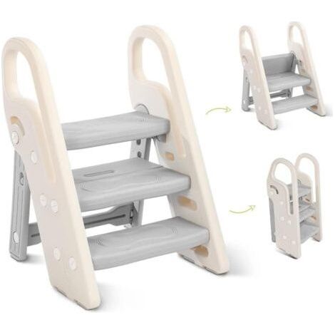 Marche Pied Pliable pour Enfant, Marchepied 3 Marches pour bébé, Marchepieds Hauteur réglable pour Chambre de bébé Rehausseur Stable, Multifonction et Antidérapant, avec Poignées Sécurité,654946cm,Gri (1/5)