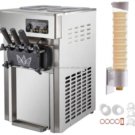 Machine à glace italienne de comptoir 1200W, 18 L/h, 2 cuves 3 L, 3 saveurs, inox 304, nettoyage automatique