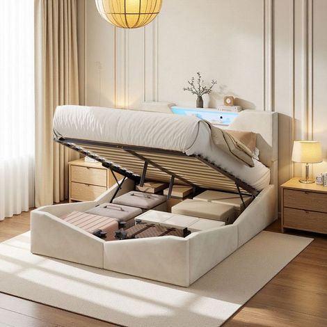 Cama doble 140x190 - Diseño triangular - LED regulable controlable por aplicación - Carga inalámbrica Qi - Almacenamiento con cofre a pistón