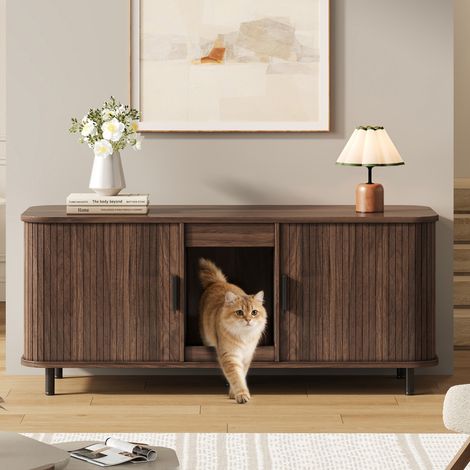 Modernluxe - Buffet pour litière pour chat - 2 portes coulissantes - Avec plateau de récupération de litière - Marron (Sans bac à litière) (1/5)