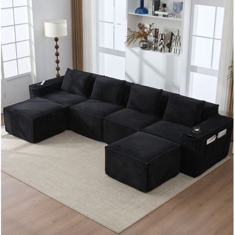 Canapé modulable 4 places avec 2 poufs, porte-gobelets et poches latérales, noir OKMYHOME (1/5)