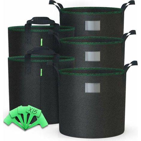 Set mit 5 Pflanzsäcken aus Vliesstoff, 65 l, mit Griff, schwarz (1/5)