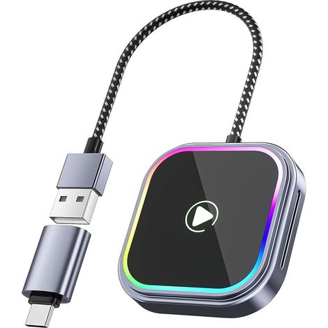 Kabelloser CarPlay-Adapter für Apple und Android Auto Kabelloser Bluetooth-WLAN-Adapter mit USB-C/A-Anschluss für iPhone (iOS 10+) und Android 11+ Plug & Play Mini Sprachsteuerung Farbige RGB-LED-Bele
