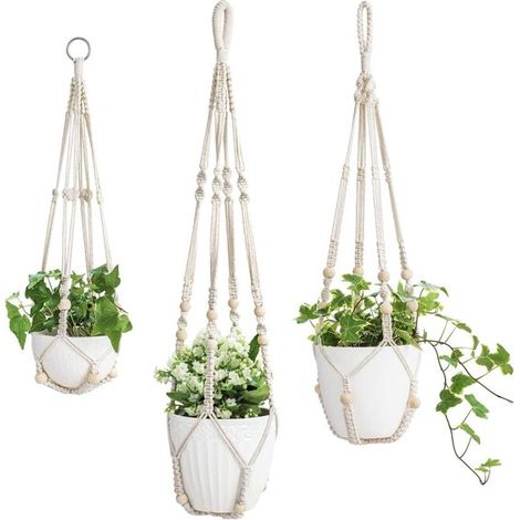 Pflanzenampel für drinnen 3er Set Makramee Blumentöpfe Baumwollseil mit Perlen 58 cm/73 cm/89 cm (1/5)